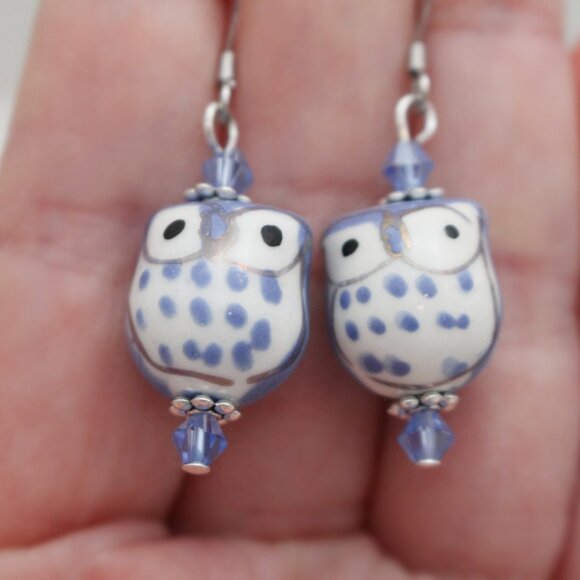 Periwinkle Blue Hand Painted Owl Earrings - Handmade & Hypoallergenic - Picture 7 of 8